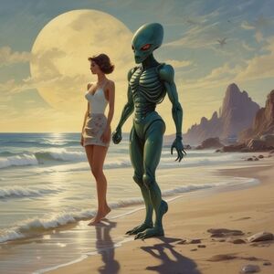 Mystical Beach Alien Pinup Stroll Art Print 8x10